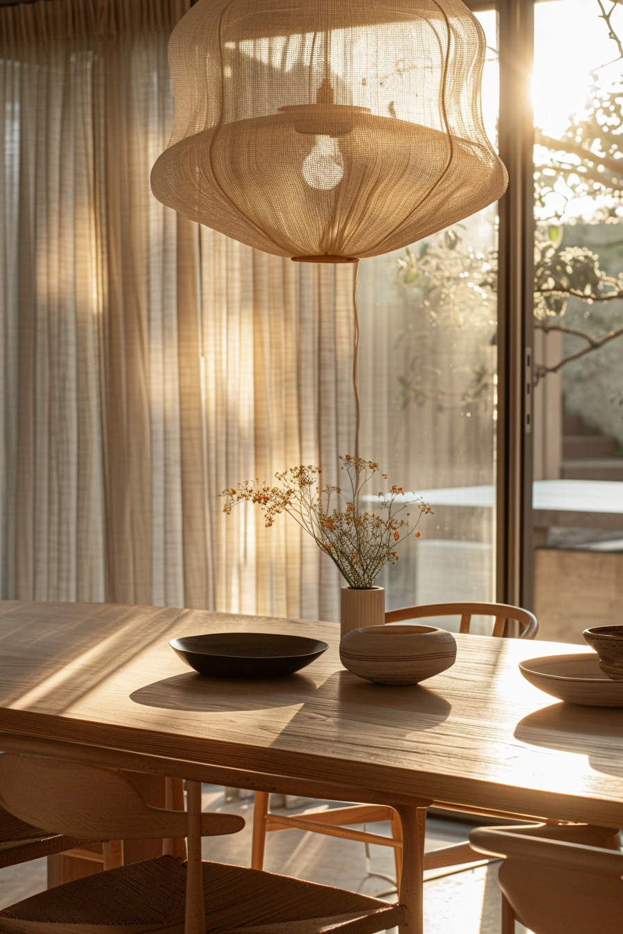 A warm, sunlit dining room with a textured hanging light fixture, wooden table with bowls, and a vase with dried flowers.