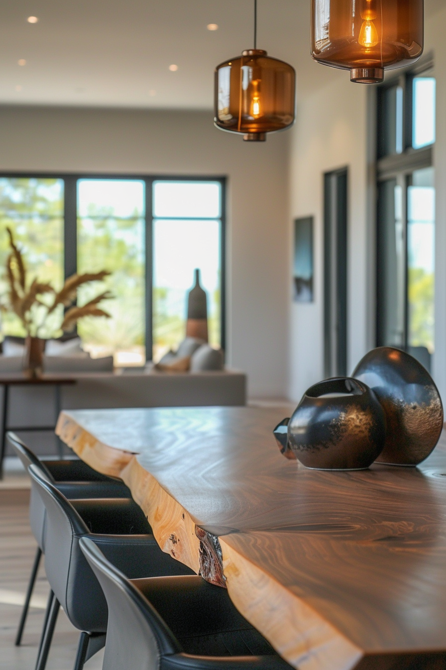 ALT: Modern dining room with a natural edge wooden table, black chairs, and amber pendant lights, with a soft focus on distant decor.