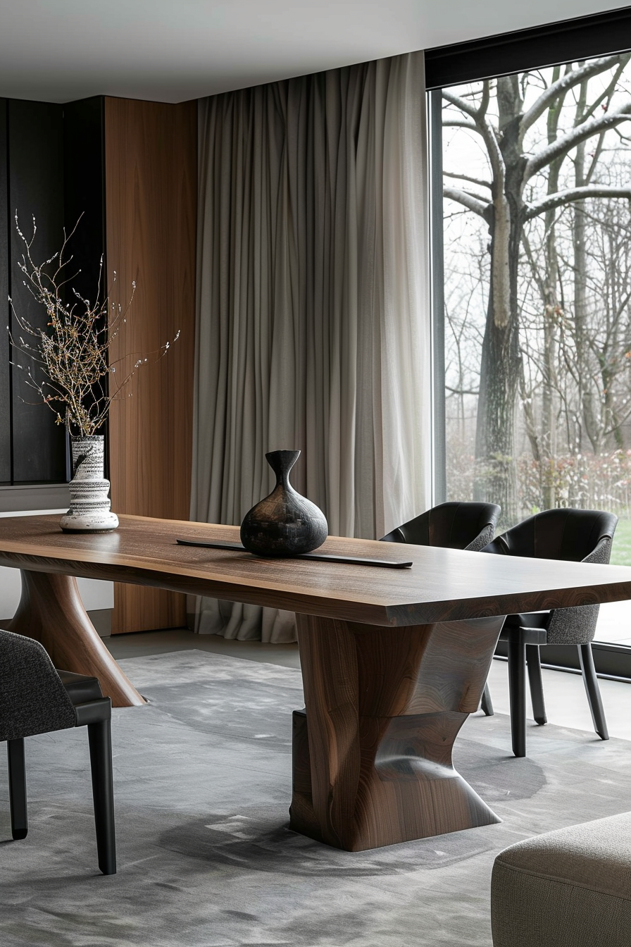 Modern dining room with a wooden table, decorative vases, and chairs, overlooking a window with a view of bare trees.