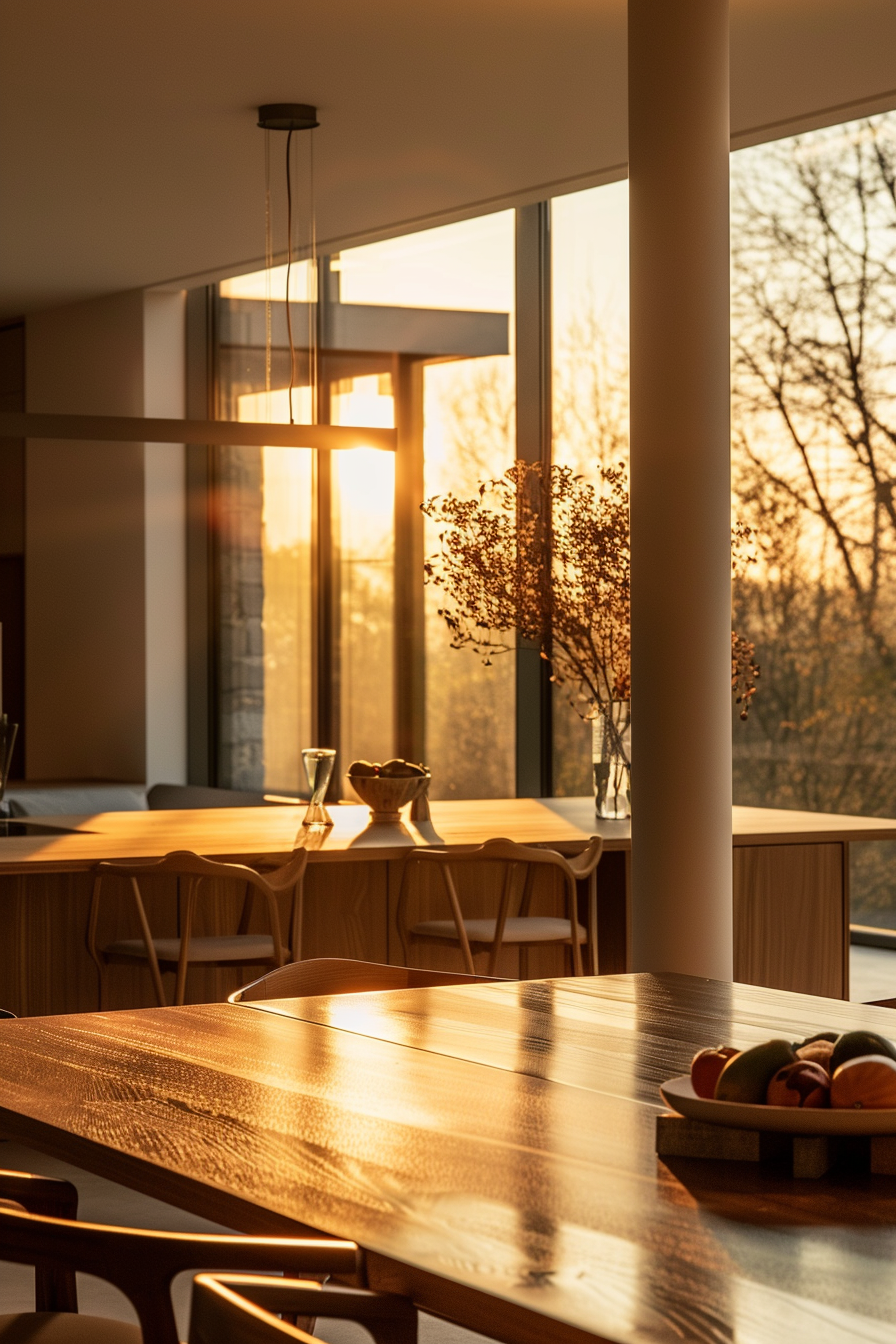 A warm, glowing interior view of a modern dining room at sunset with sunlight streaming through large windows.