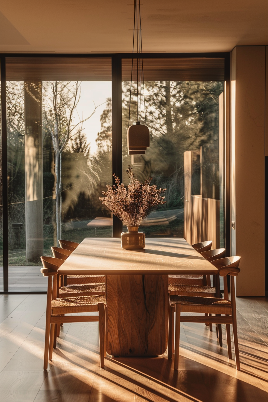 A cozy dining room at sunset with wooden furniture and a vase of flowers on the table, large windows overlooking trees.