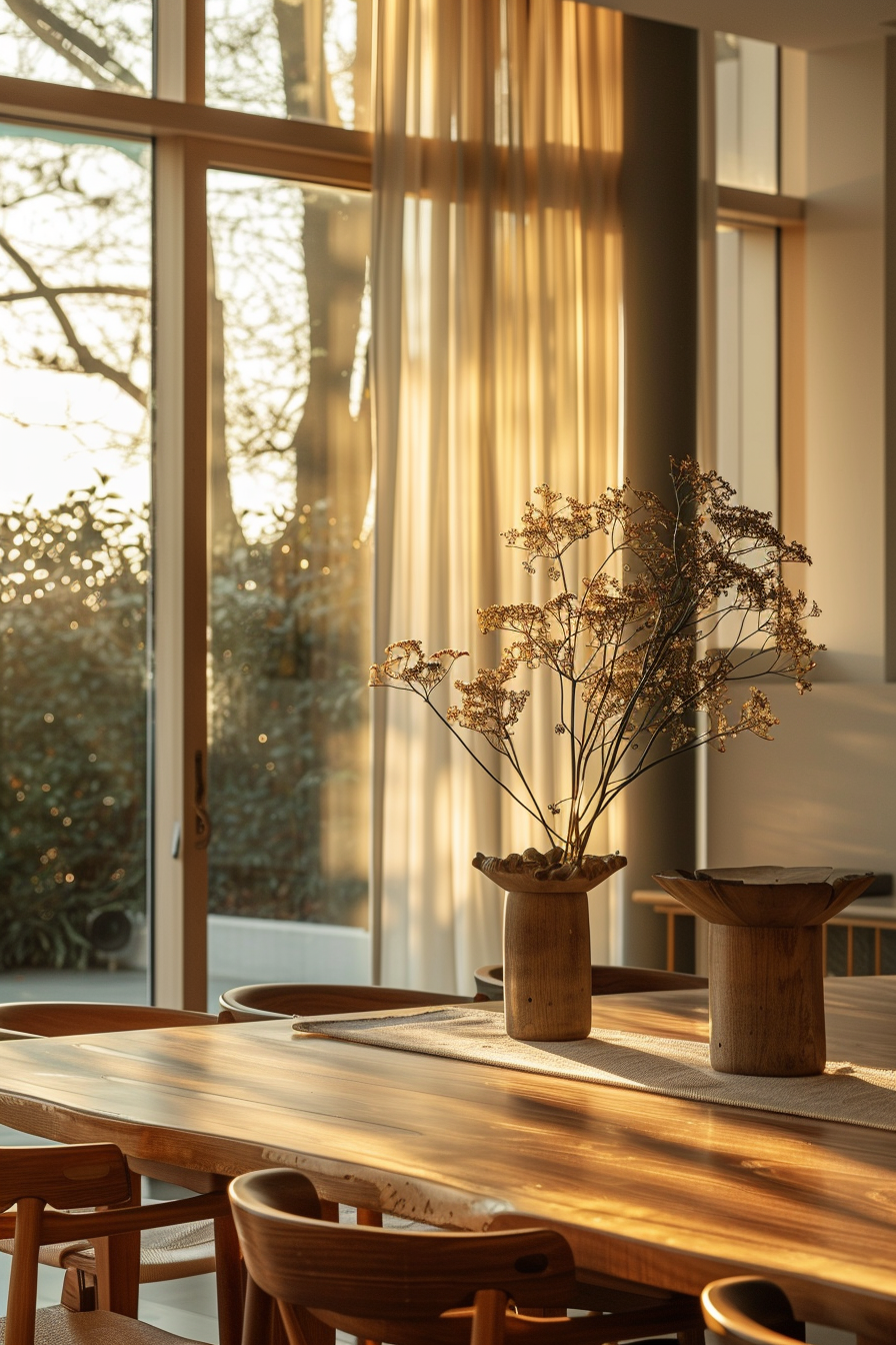 Warm sunlight filters through a window, casting golden hues on a wooden dining table with a vase of dried flowers.