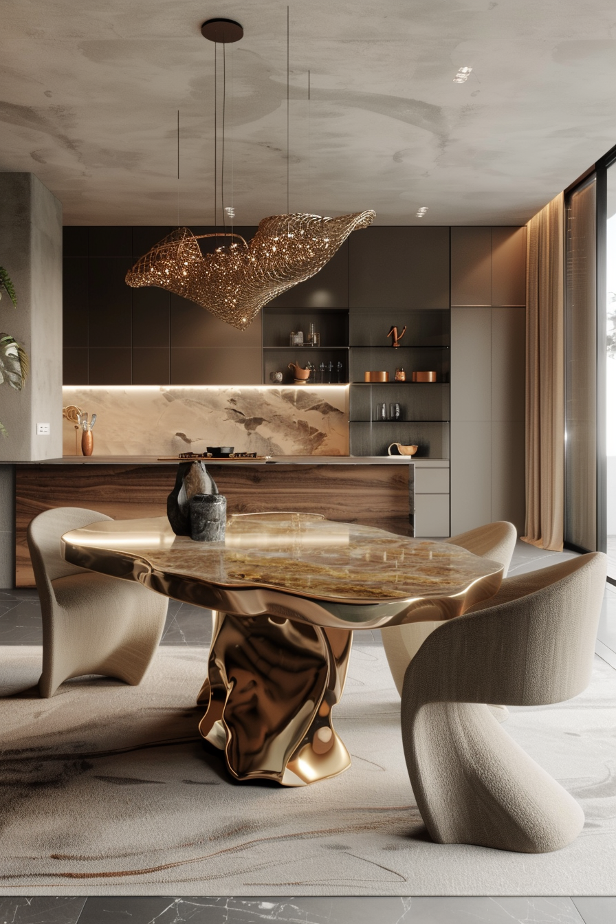 Modern kitchen with a unique golden-accented sculptural table, stylish chairs, and an artistic light fixture.