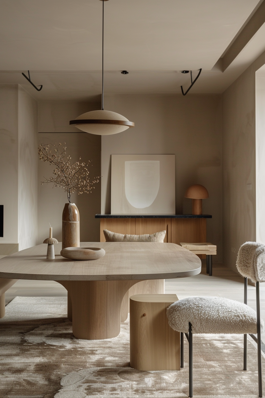 A modern dining room with beige tones, wooden furniture, minimalist decor, and a striking pendant light.
