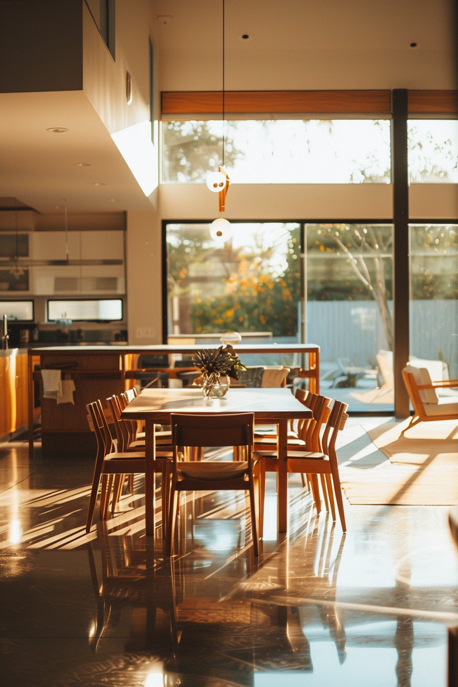 Warm sunlight filters through a modern dining room with a wooden table set and sleek kitchen in the background.