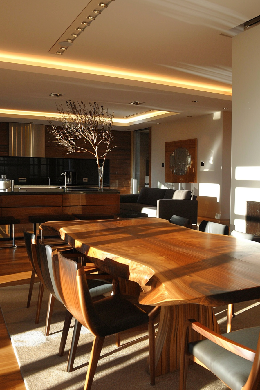 Modern dining room with a large wooden table, designer chairs, and soft lighting creating a warm ambiance.