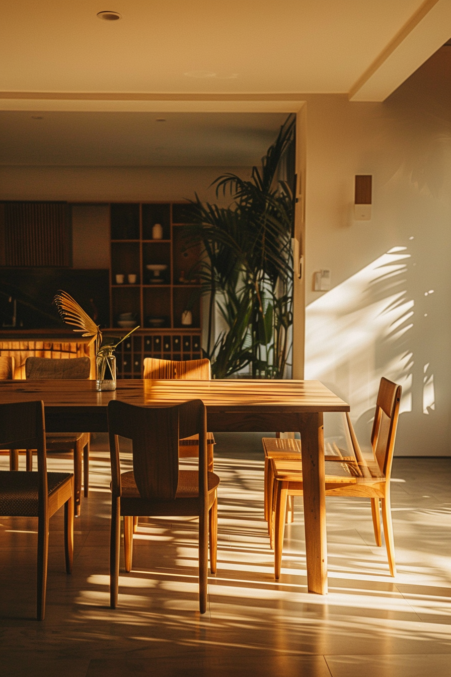 A cozy dining room basked in warm sunlight with a wooden table, chairs, and a tall indoor plant casting shadows on the floor.
