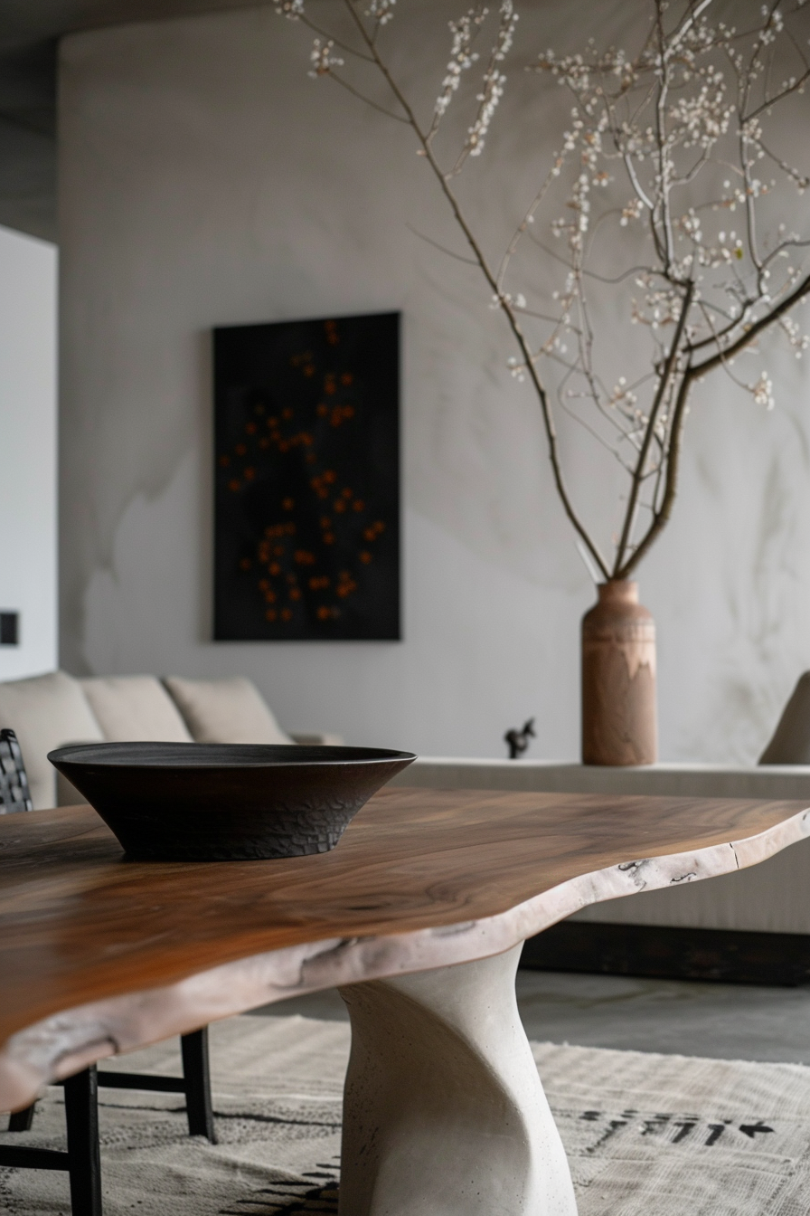 Modern interior with a live-edge wooden table, a decorative bowl, a tall vase with branches, and abstract wall art in a neutral-toned room.