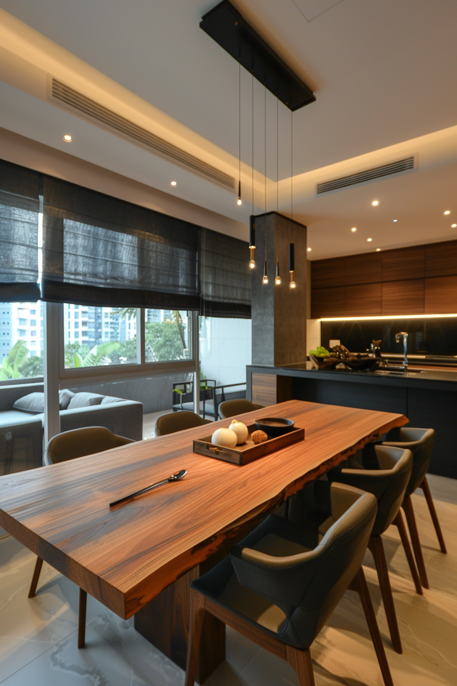 Modern dining room interior with a wooden table, black chairs, pendant lights, and an open concept kitchen in the background.