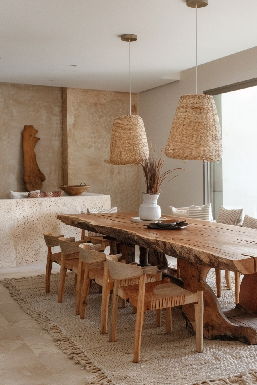 A rustic dining room with a natural wood table, woven pendant lights, and textured walls, creating a warm, earthy atmosphere.