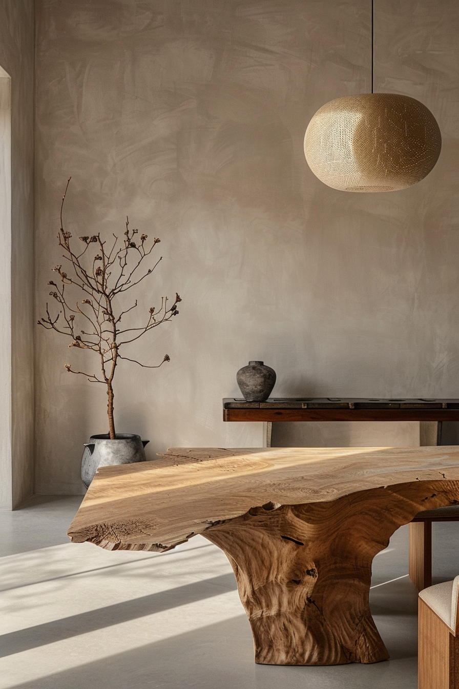 Minimalistic interior with a natural wood table, metal vase with dried branches, pottery, and a textured globe pendant light.