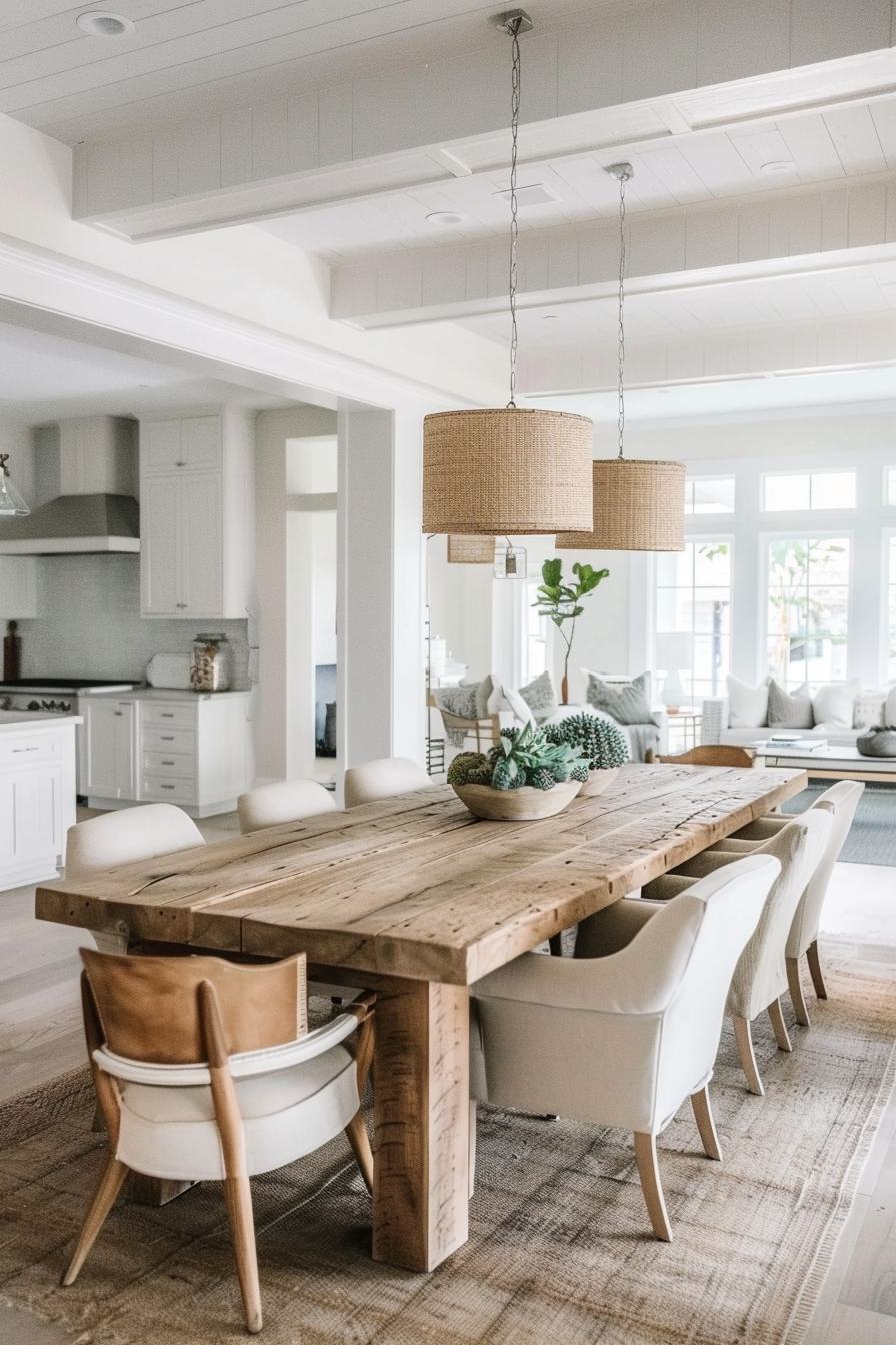 Elegant dining room with a rustic wooden table, white chairs, and two woven pendant lights, with a view of a modern kitchen.
