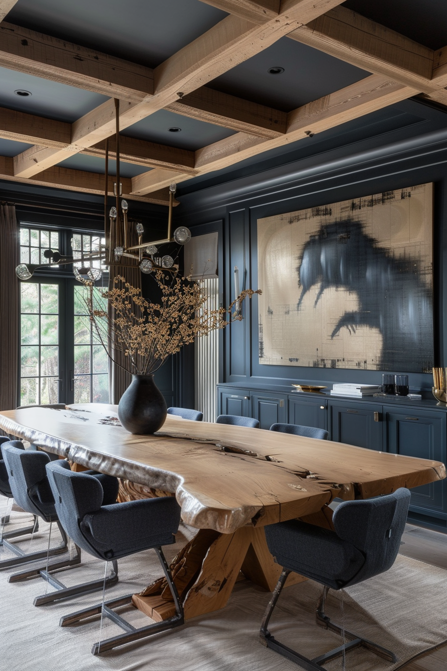 Elegant dining room with a natural edge wooden table, modern chairs, dark paneled walls, unique chandelier, and a large abstract artwork.