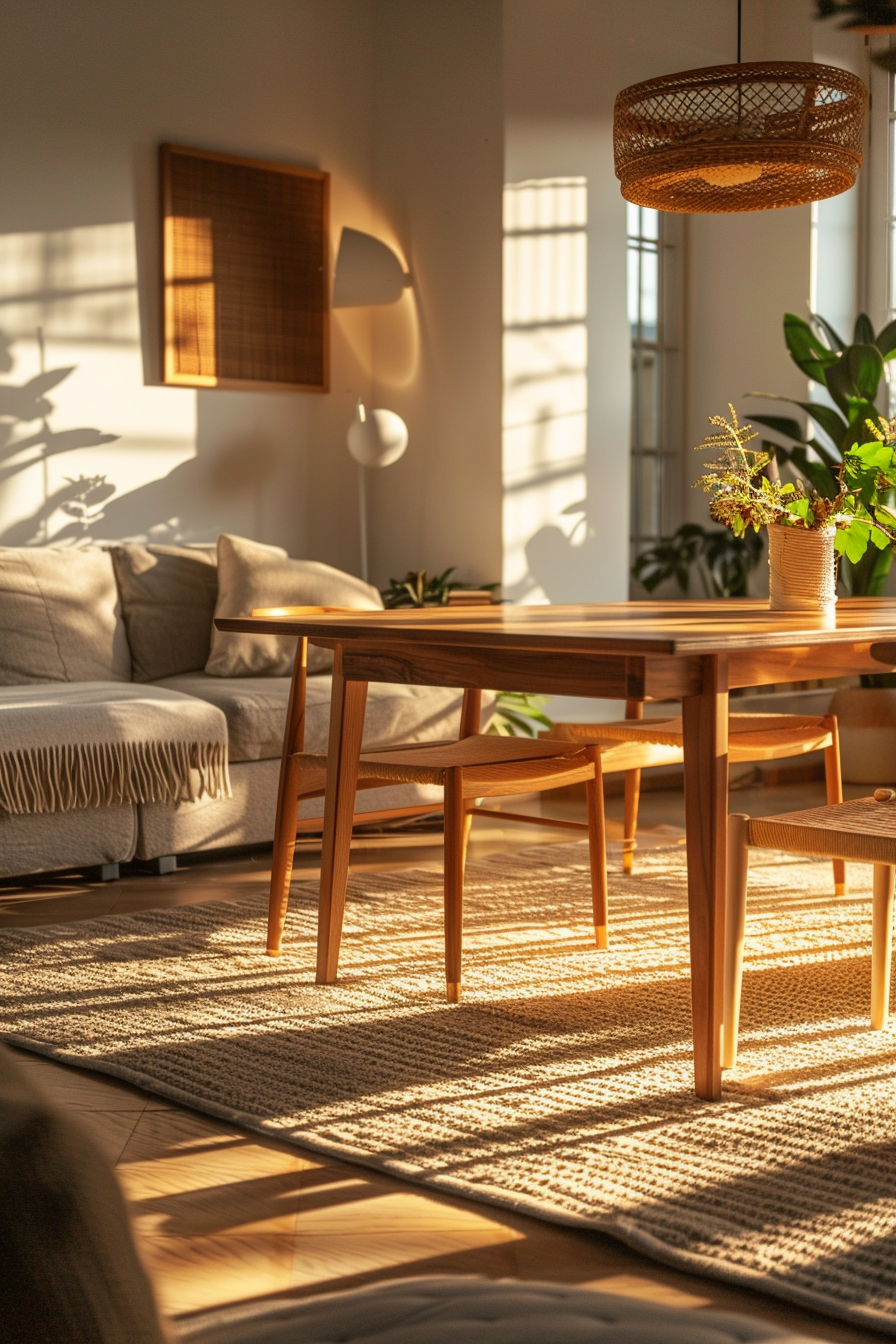 Cozy living room with warm sunlight casting shadows over a wooden table, chairs, textured rug, and indoor plants.