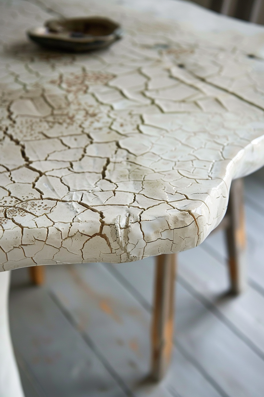 Cracked paint surface of a vintage table with partial focus on the edge and a blurry ashtray on top.