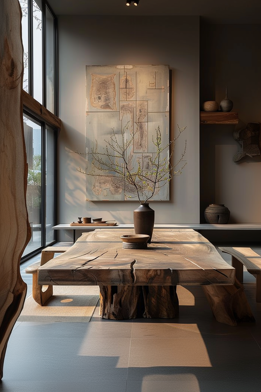 A modern interior with a natural wood dining table, ceramic pottery, and an abstract wall art piece bathed in soft natural light.