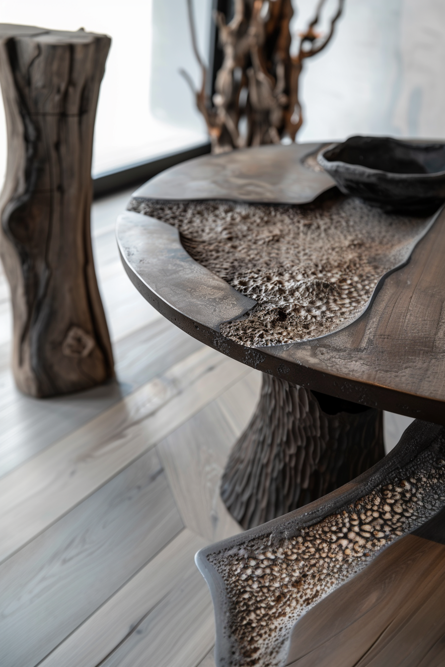 Wooden table with a unique, organic design, incorporating elements that mimic tree trunks and natural textures, in a room with light flooring.