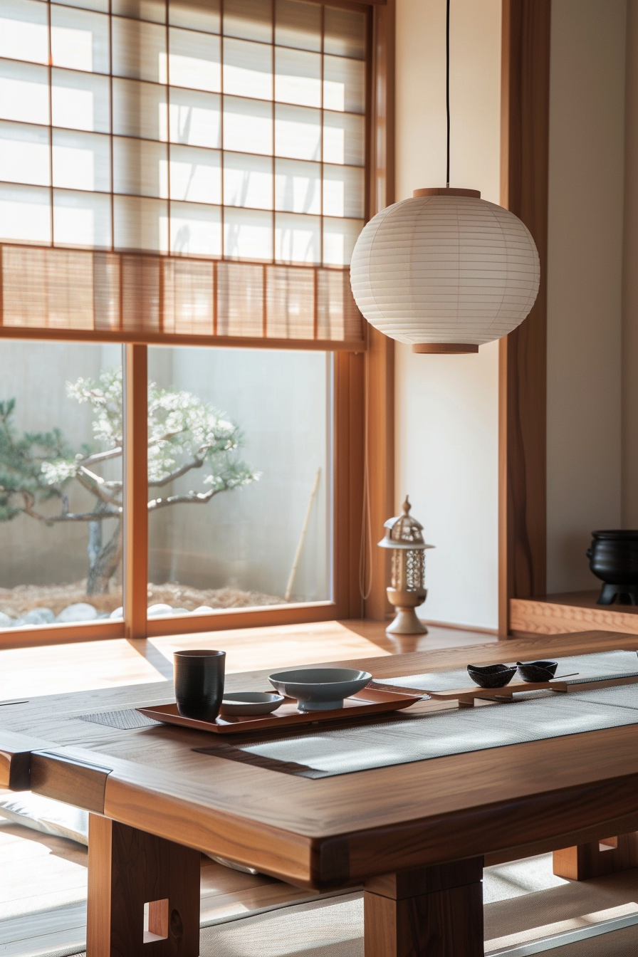 Traditional Japanese dining room with low wooden table set, hanging lantern, and view of a bonsai tree through shoji screens.