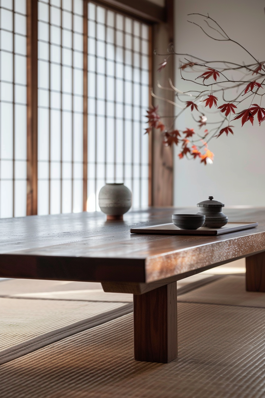 A traditional Japanese room with tatami flooring, a low wooden table set with pottery, and a shoji screen allowing soft light.
