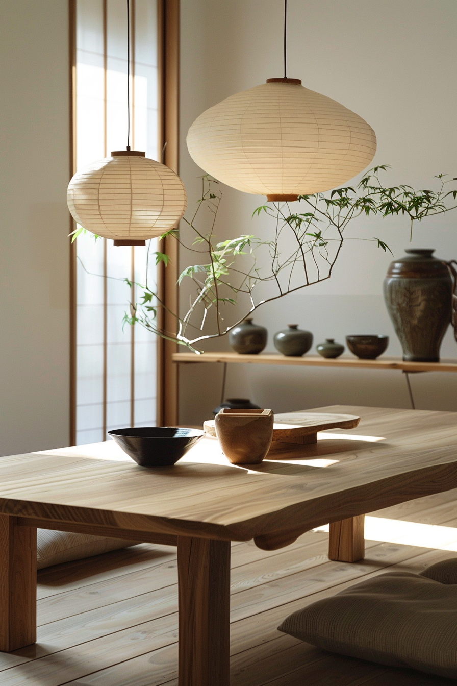 A serene Japanese-style dining room with natural wood furniture, hanging paper lanterns, and pottery on shelves.