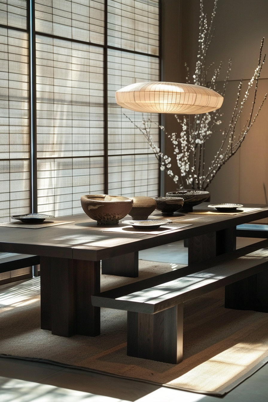 A serene Japanese dining space with sunlight filtering through shoji screens, traditional table settings, and a hanging rice paper lamp.