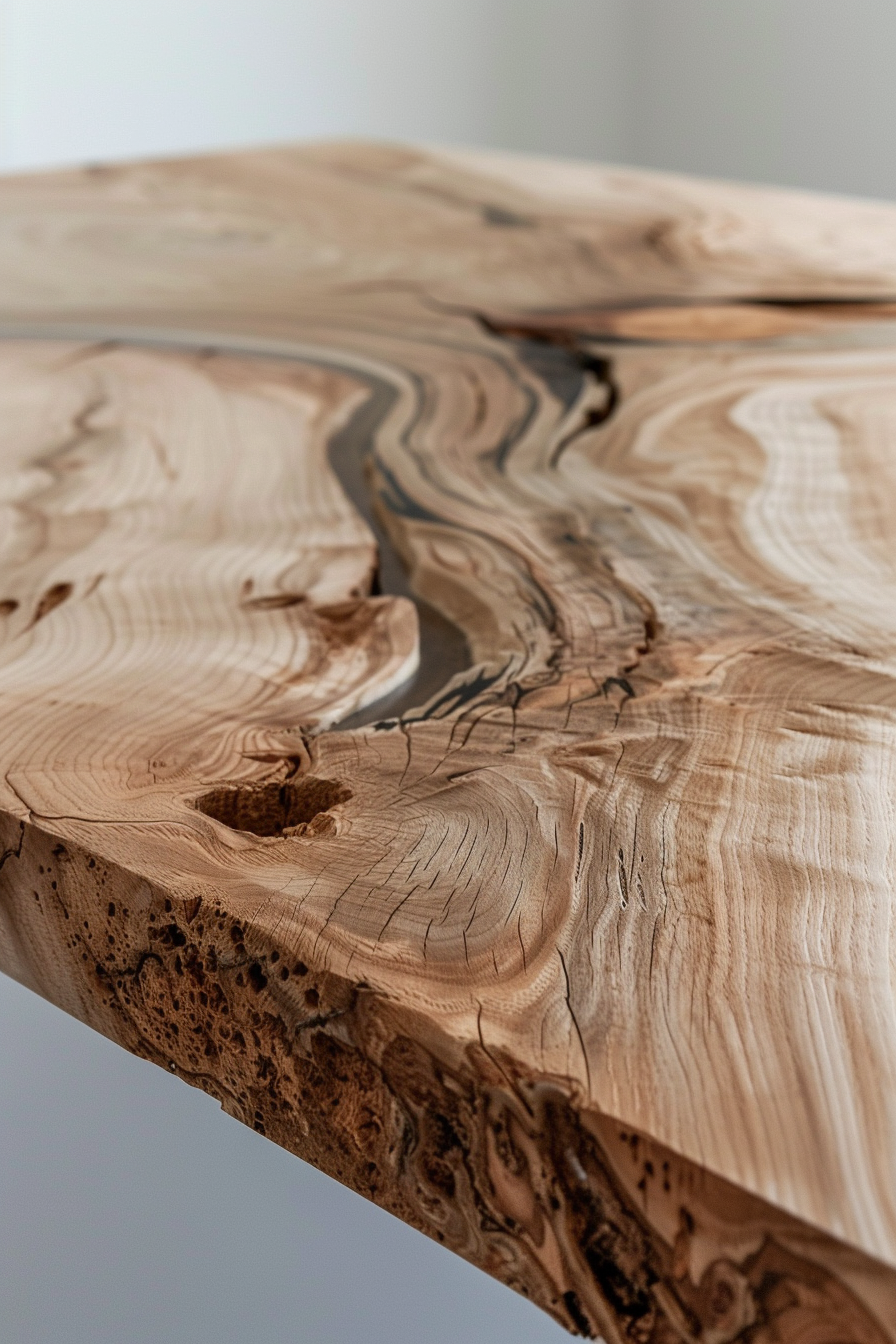 Close-up of a live edge wooden table with organic lines and textures, and a resin-filled crack.