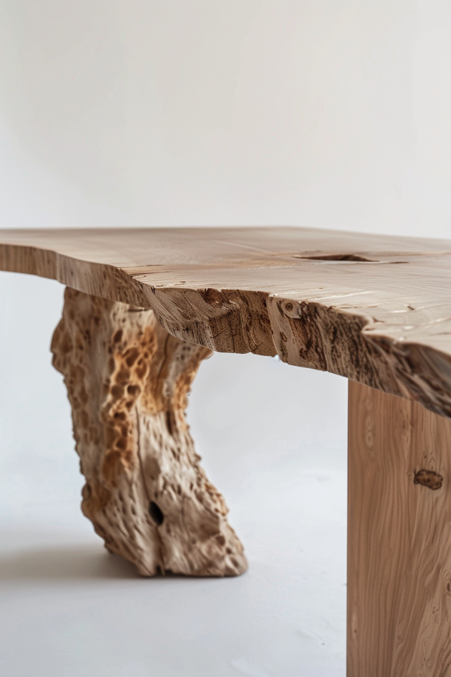 A wooden table with a natural, uneven edge and a textured, organic base, against a white background.