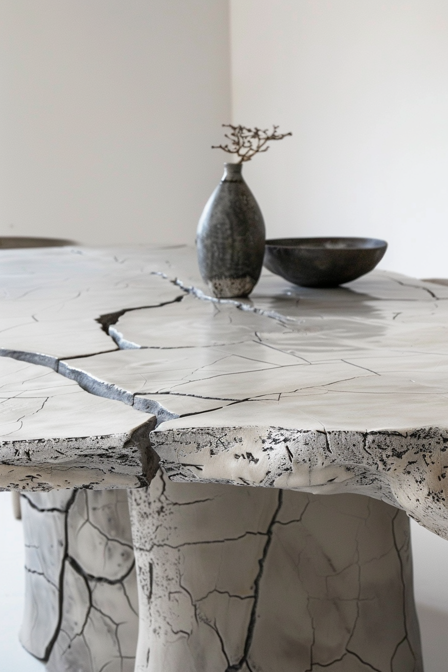 A textured table with a cracked surface design, featuring a vase and bowl as decor.