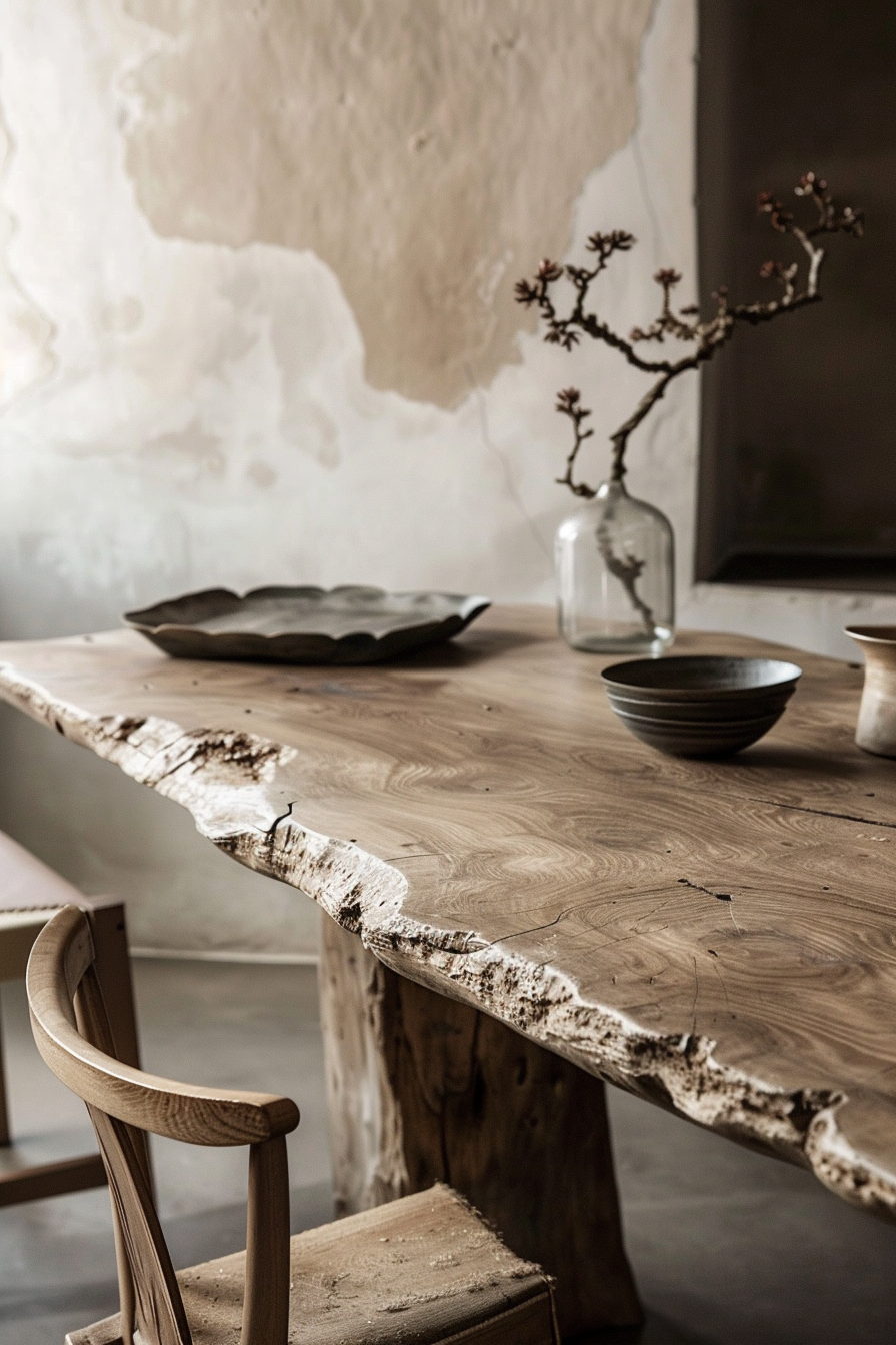 Rustic wood table with a ceramic plate, bowl, and a branch in a glass jar against a textured wall in a minimalist setting.
