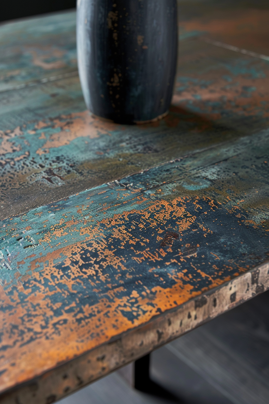 Close-up of a distressed wooden table with peeling turquoise and orange paint, featuring a dark ceramic vase.