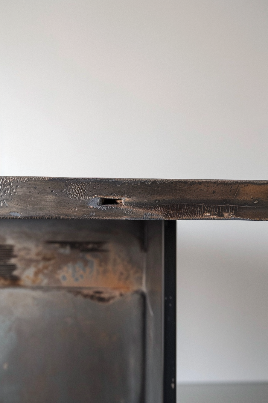 Close-up of distressed metal table edge with textured surface and visible wear.