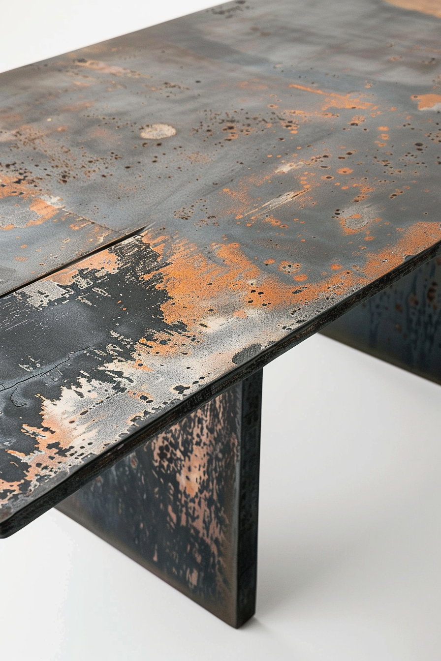 Close-up of a metal table with a weathered black and orange patina surface, highlighting its unique texture and industrial design.