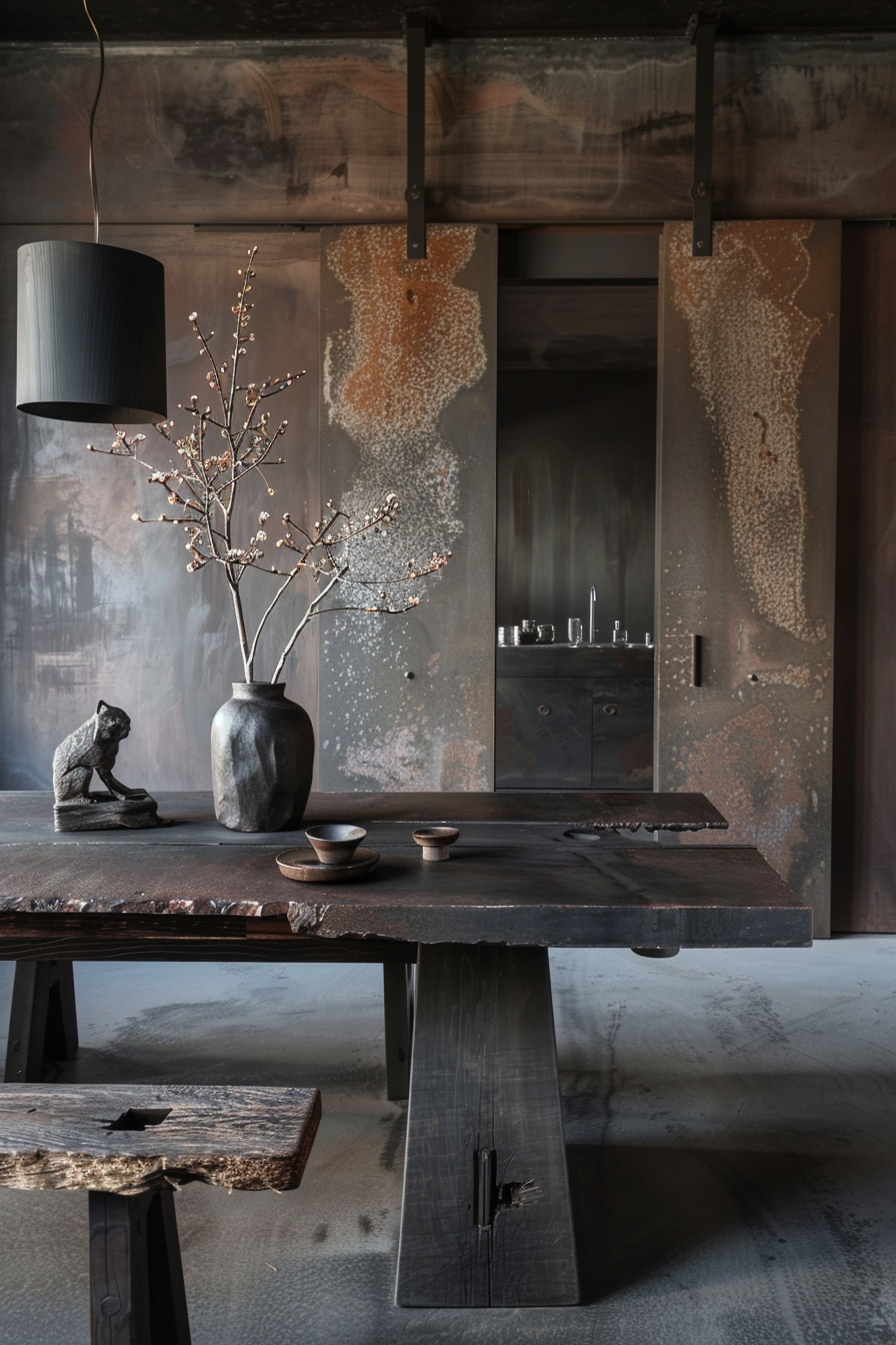 Rustic interior with a dark wooden table, ceramic vase with blossoming branches, small bowls, and a sculpture, all against a textured backdrop.