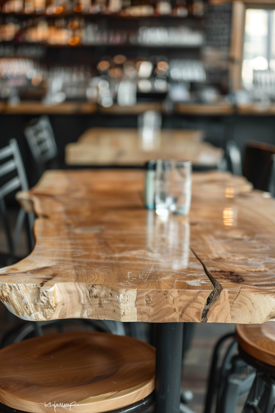 ALT: A close-up of a polished wooden table in a cafe with blurred bar stools and shelves filled with bottles in the background.