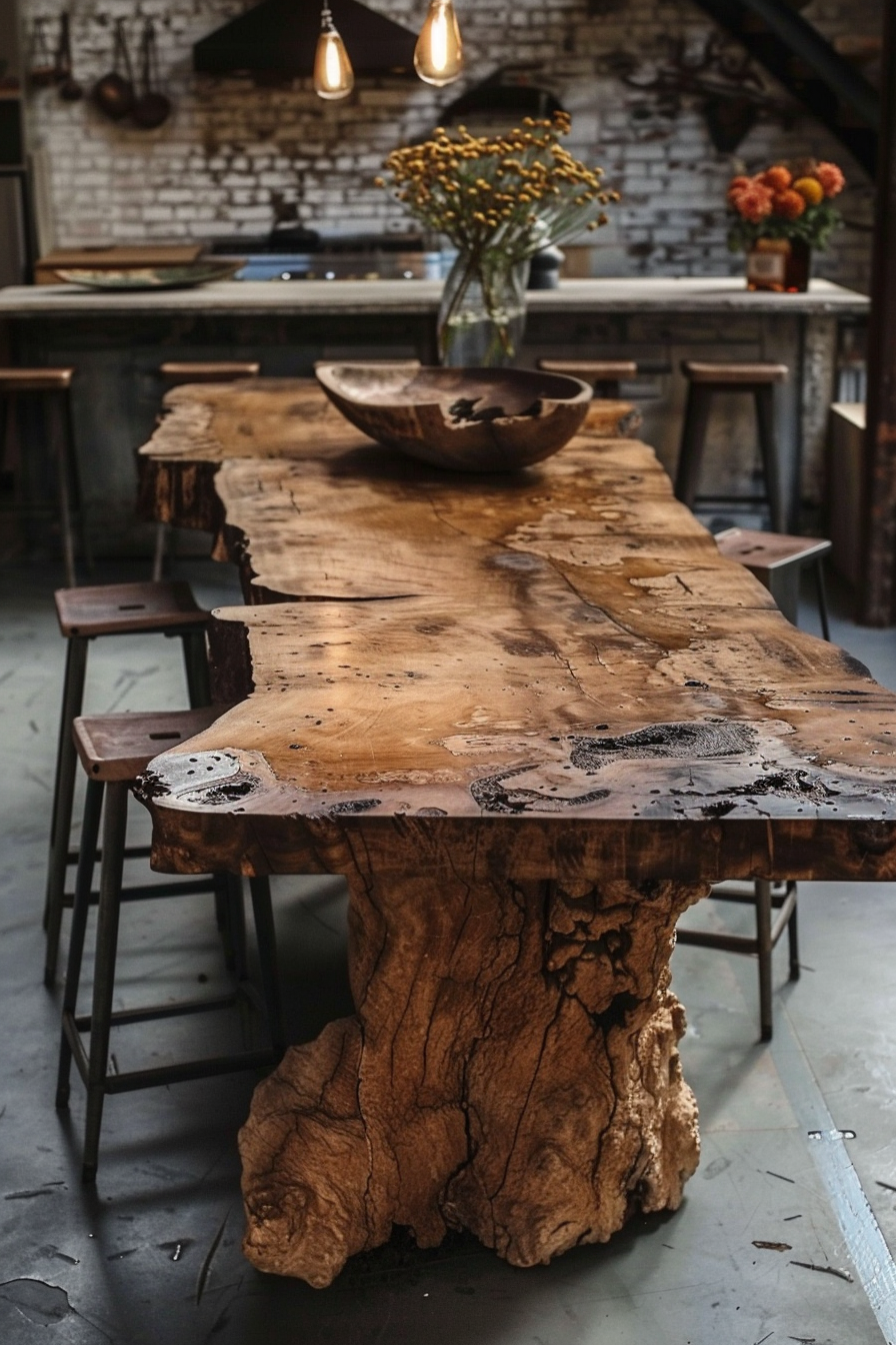 Rustic wooden table with natural edges and unique base, set in a kitchen with hanging lights, stools, and decorative flowers.