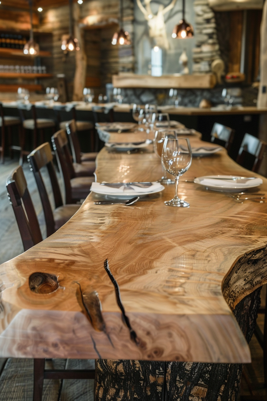 Elegant rustic dining setting with empty plates and wine glasses on a long wooden table, with antler decor in the background.