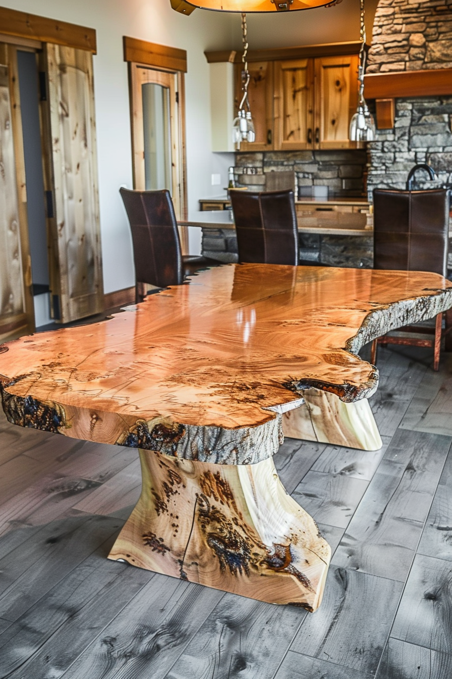 Polished live-edge wooden table in a rustic room with stone fireplace, leather chairs, and kitchen cabinetry in the background.