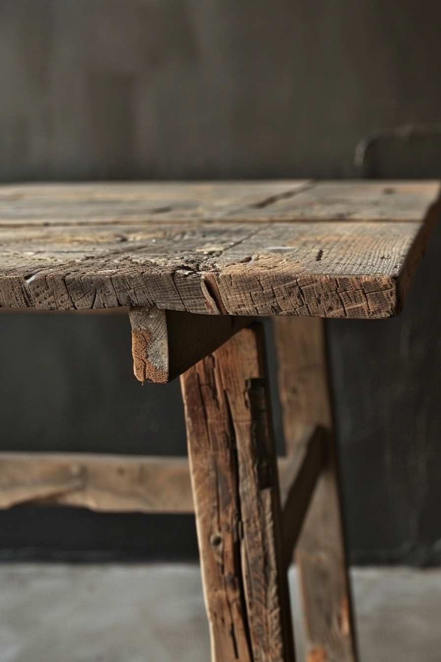 Rustic wooden table with textured surface and visible grain, set against a blurred background.