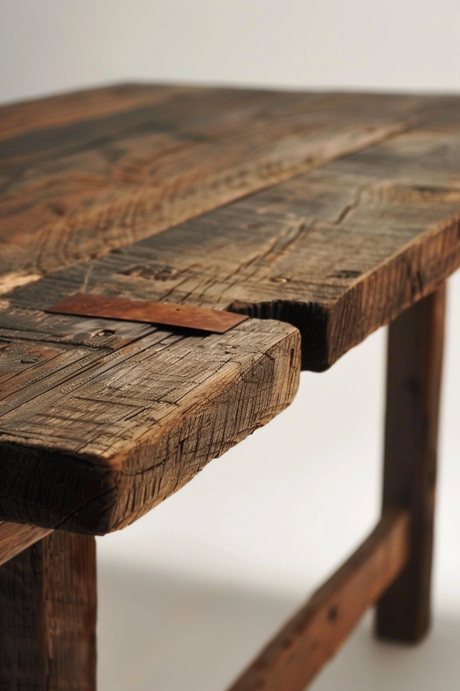 A close-up of a corner of a rustic wooden table showing texture and wood grain details.