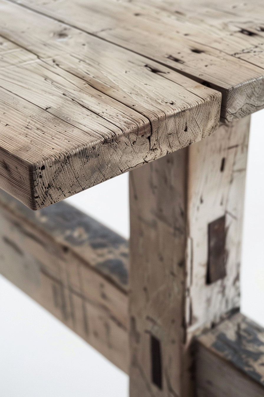Close-up of a rustic wooden table corner showing textured wood grain and weathered surface.