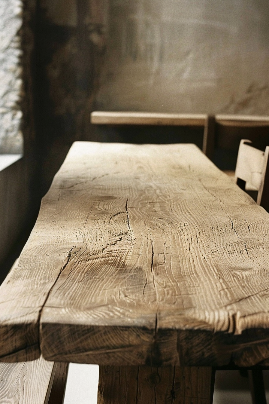 A rustic wooden table highlighting its textured surface and natural grain, with soft-focus background suggesting a cozy interior.