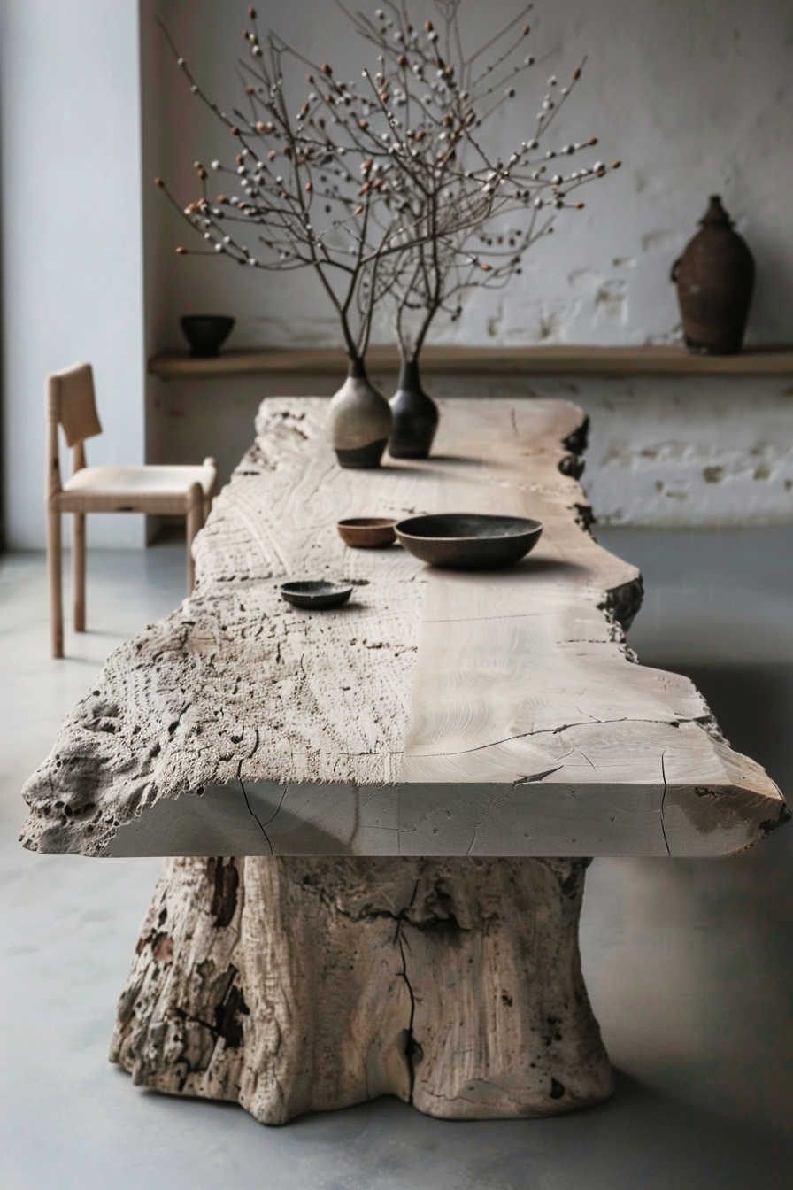 Alt text: A rustic wooden slab table with a natural edge, set in a minimalist room with a vase of branches, pottery, and a simple chair.
