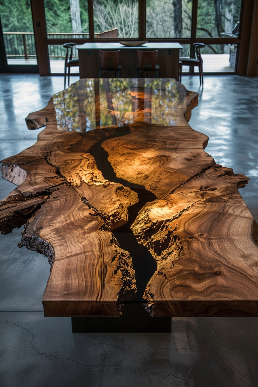 An intricately designed wooden table with a river-like glass insert, placed in a room with a forest view outside the window.
