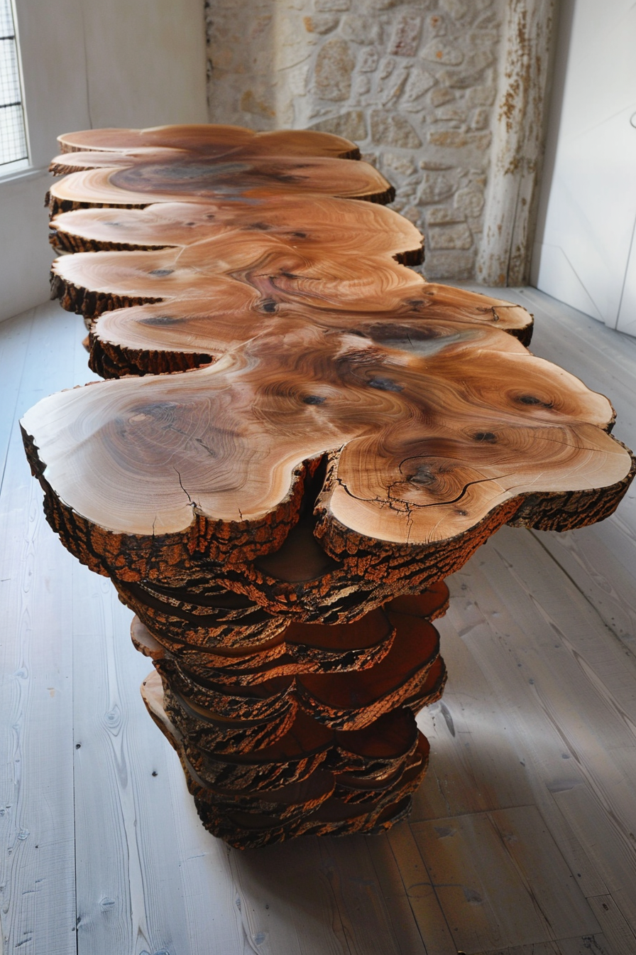 ALT: A unique wooden table made of sequential cross-sections of a tree showcasing natural grain patterns, placed on a light wood floor.
