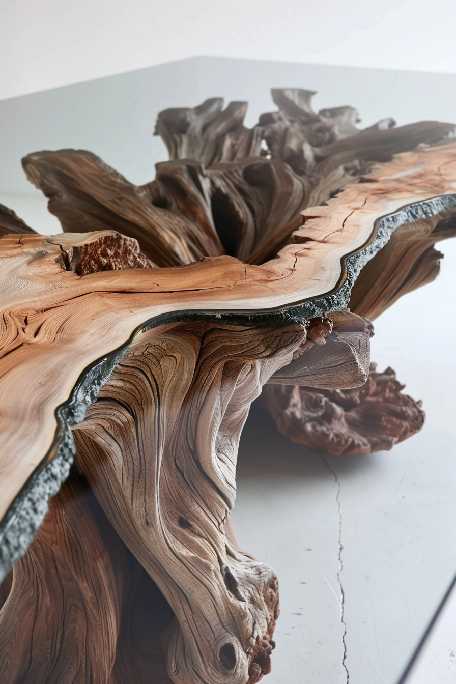ALT Text: "Close-up of an intricately carved wooden table with natural edges and rich textures, highlighting the beauty of wood grain."