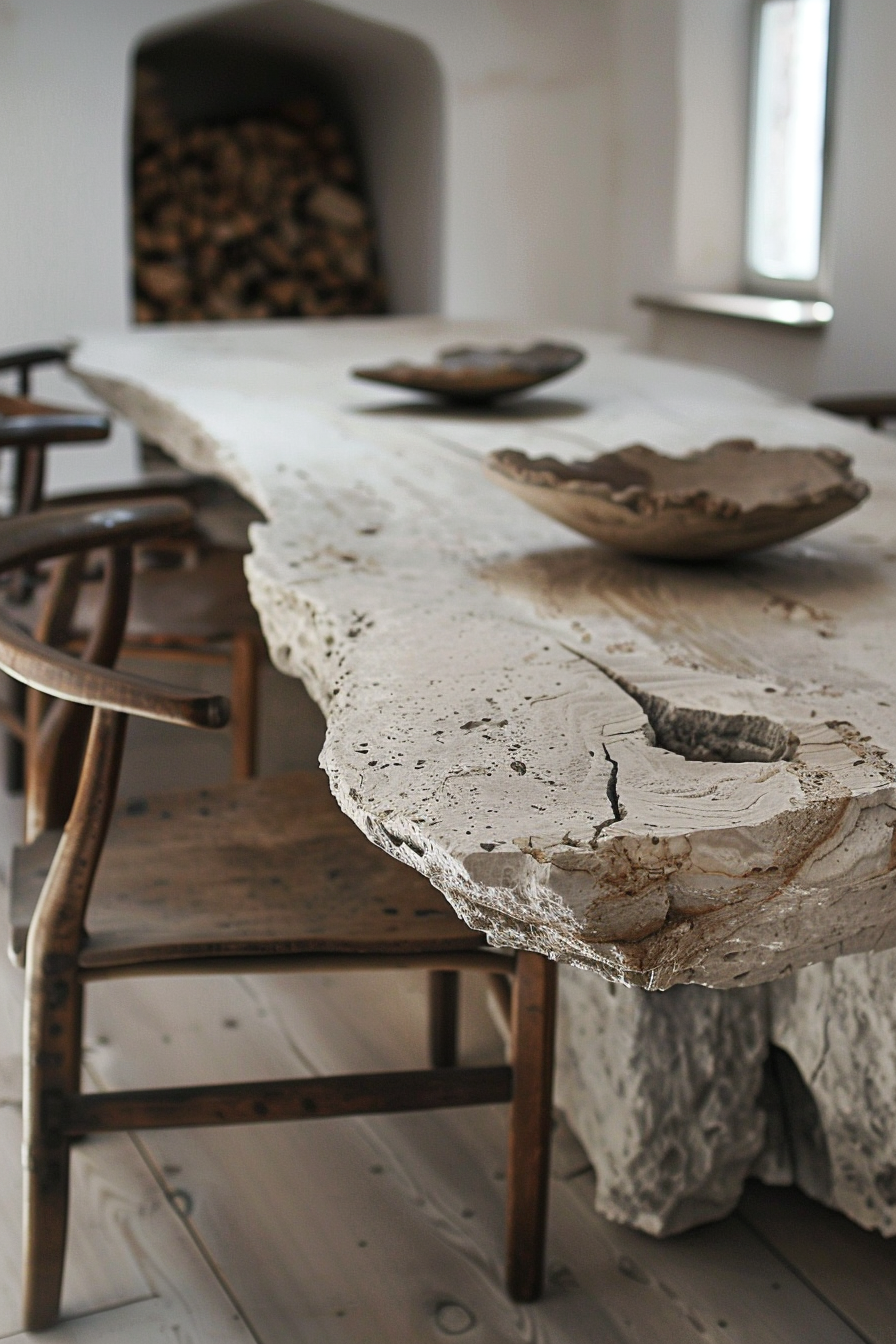 A rustic wooden table with a textured surface and large crack, accompanied by wooden chairs on a white floor.