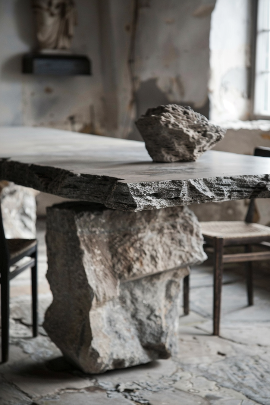 ALT: A rustic stone table supported by large uneven rocks, with a similar stone chair in the background, in a room with old walls.