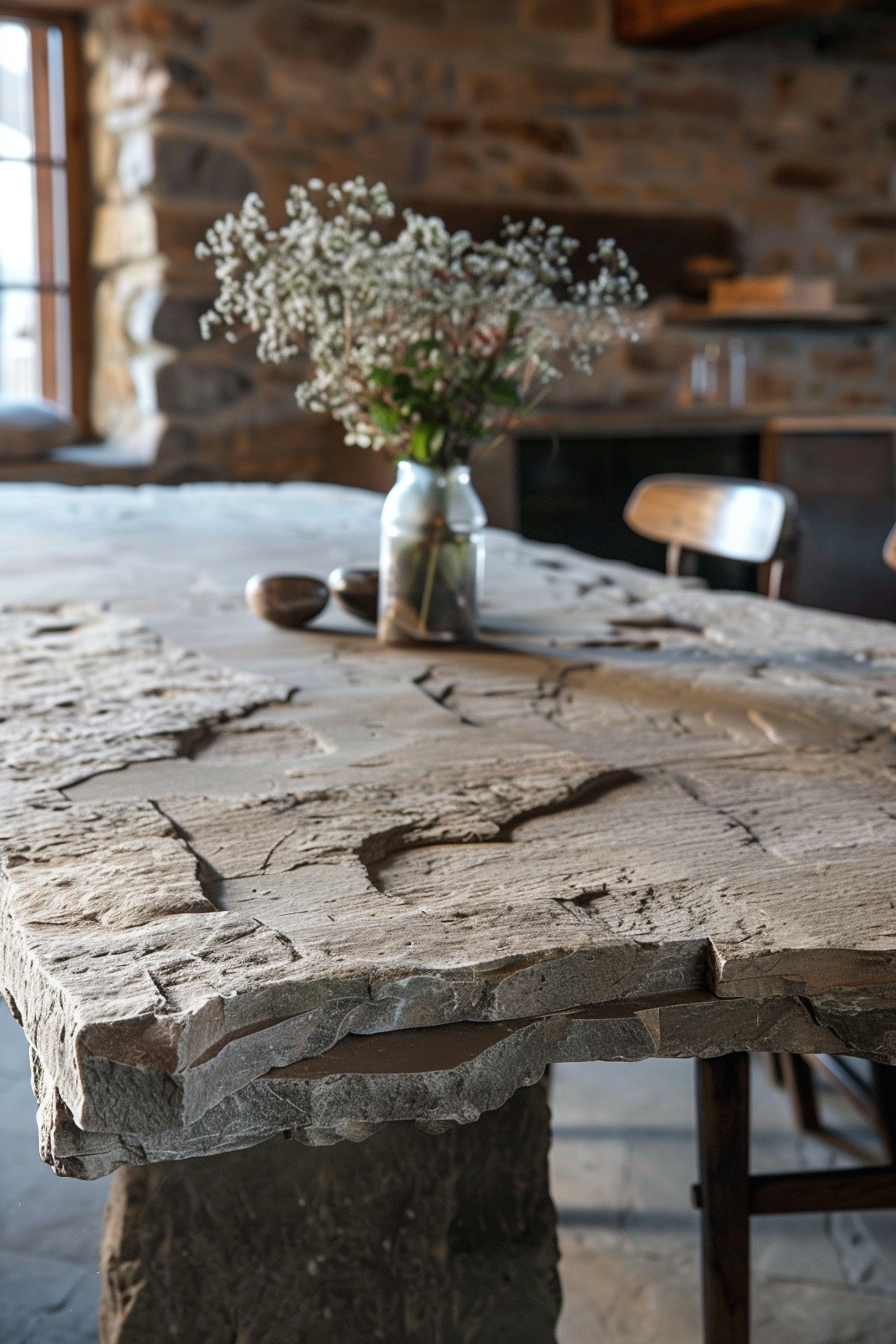 Rustic wooden table with textured surface, a small vase of white flowers on top, in a room with stone walls.