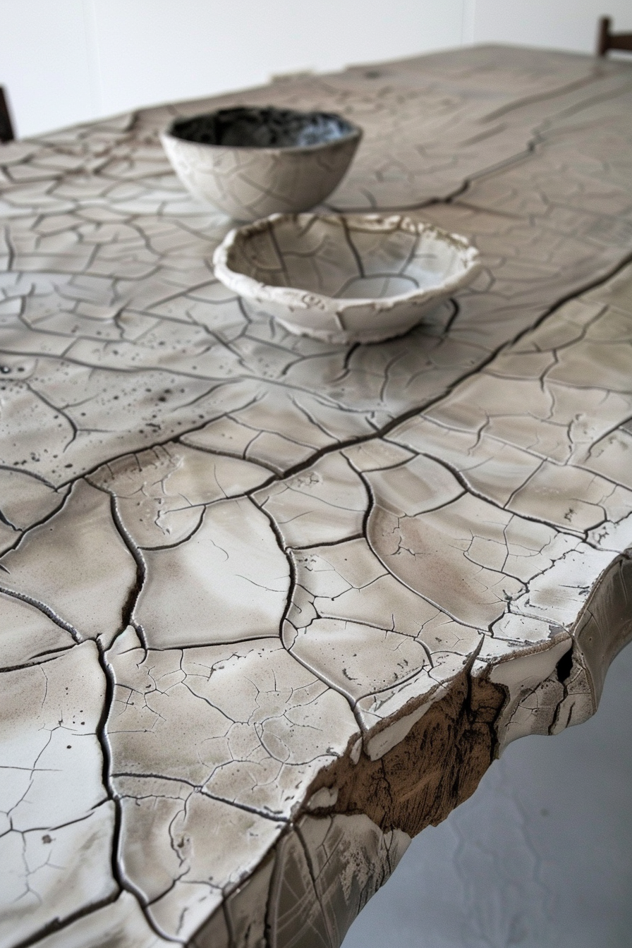 A textured table designed to mimic cracked earth with two bowls that seamlessly blend with the table's surface.