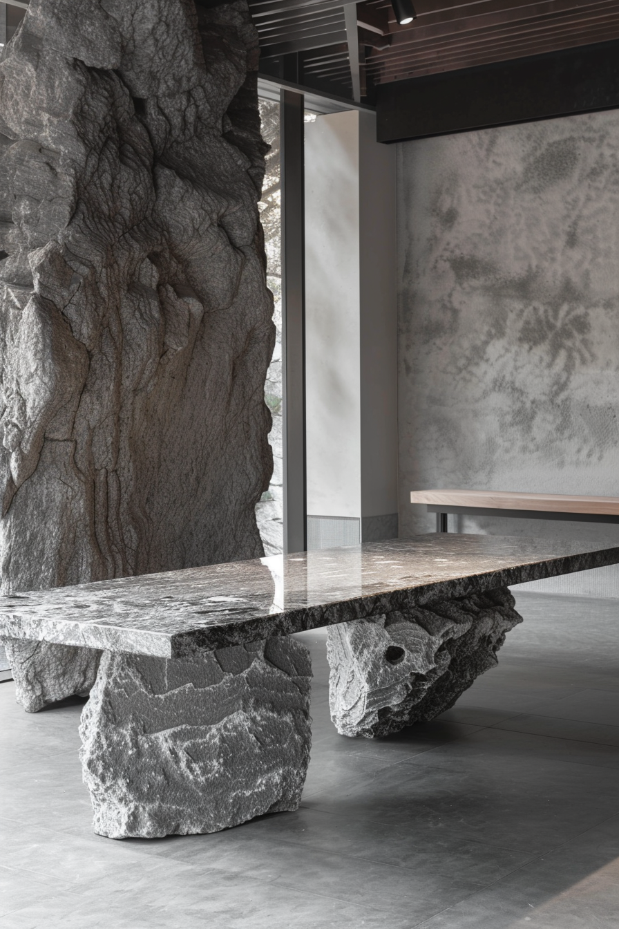 ALT text: Modern interior with a large, natural stone table supported by rugged stone pillars, blending raw textures with sleek design elements.